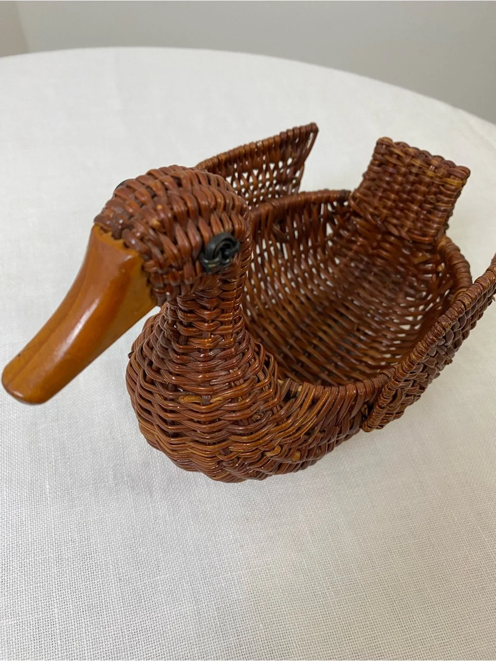 Vintage Wicker/Woven Duck with Wood Bill Basket